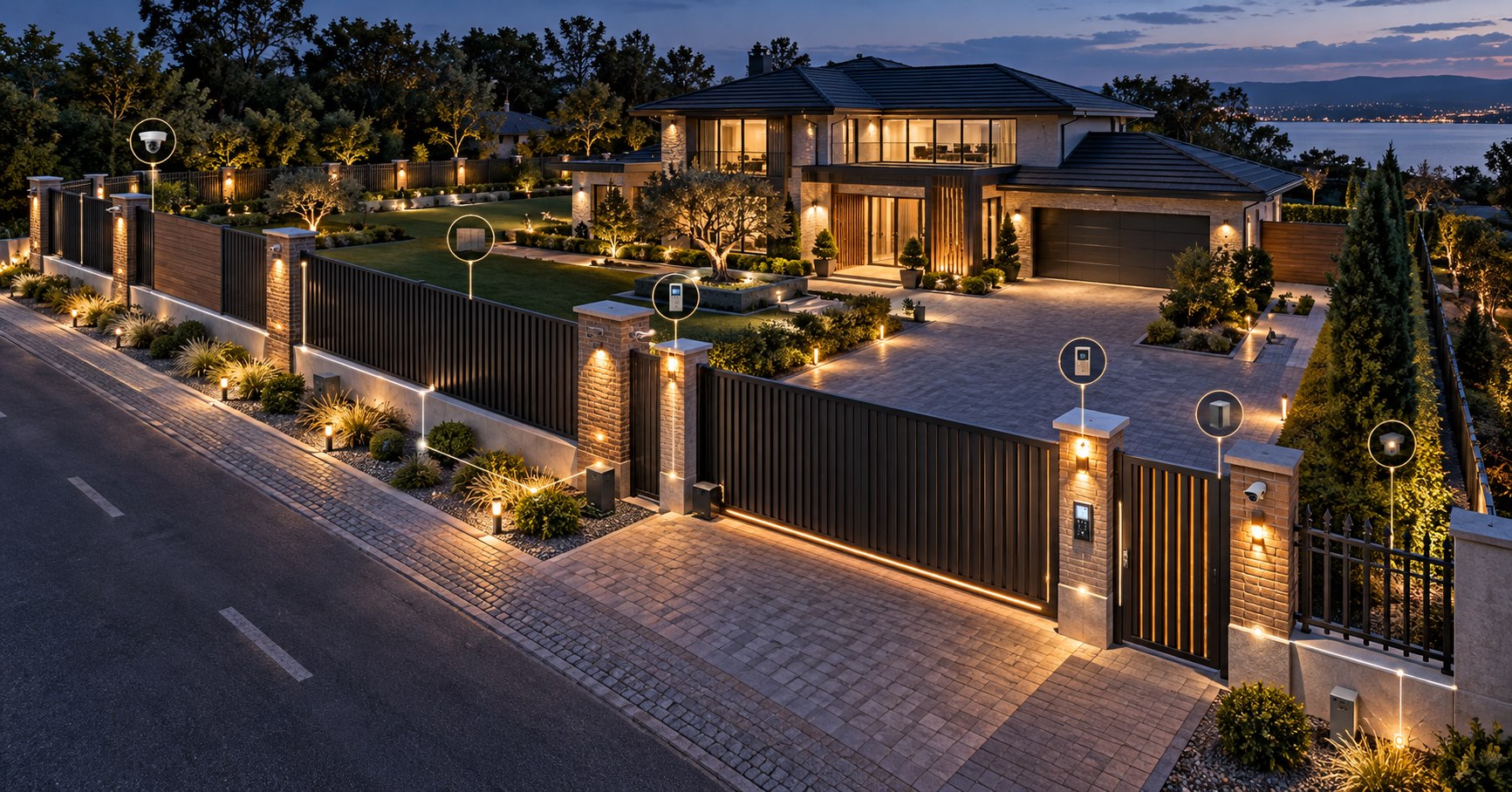 Concept visualisation of a complete OVERXXI fence, gate, lighting and security perimeter project